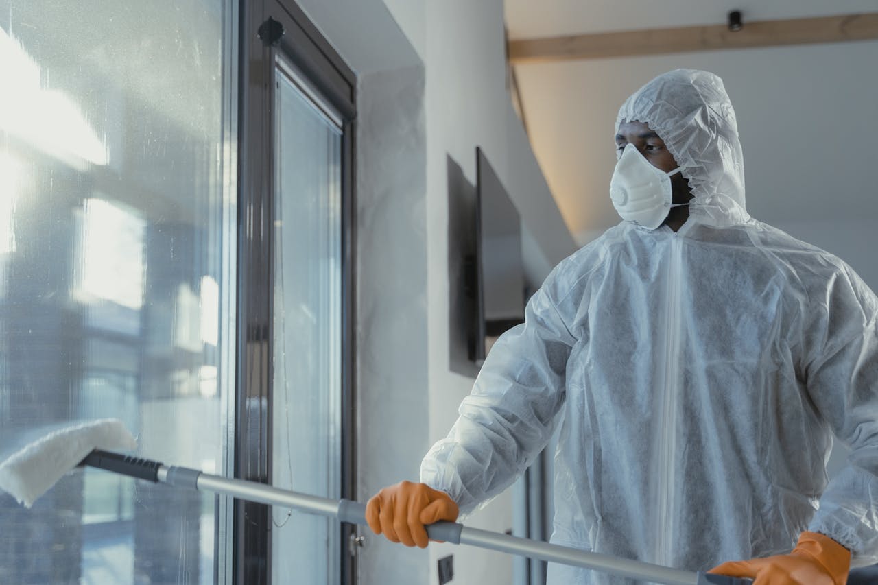 Adult male cleaner in protective suit and mask washing window indoors on a sunny day.
